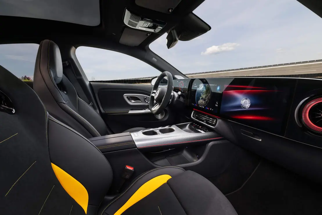 Der neue elektrische Mercedes-AMG CLA 45 4MATIC+.

Exterieur Farbe: MANUFAKTUR graphit grau magno

Interieur Polster: ARTICO/Microcut schwarz / racegelb

Energieverbrauch kombiniert: 18,7‒16,5 kWh/100 km | CO₂-Emissionen kombiniert: 0 g/km | CO₂-Klasse: A

Die Angaben sind vorl&auml;ufig. Es liegen bislang weder best&auml;tigte Werte von einer amtlich anerkannten Pr&uuml;forganisation noch eine EG-Typgenehmigung noch eine Konformit&auml;tsbescheinigung mit amtlichen Werten vor. Abweichungen zwischen den Angaben und den amtlichen Werten sind m&ouml;glich. 

The new Mercedes-AMG CLA 45 4MATIC+ electric.

Exterior color: MANUFAKTUR graphite grey magno

Interior color: ARTICO Microcut black / race yellow

Energy consumption combined: 18.7&ndash;16.5 kWh/100 km | Combined CO₂ emissions: 0 g/km | CO₂ class: A

The figures are provisional. To date, there are no confirmed figures from an officially recognised testing organisation, nor is there an EC type-approval or a certificate of conformity containing official figures. There may be discrepancies between the figures provided and the official figures.