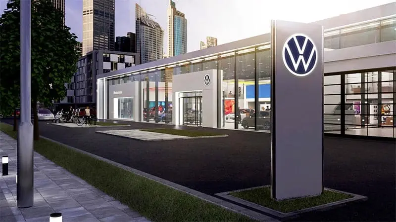 Simulaci&oacute;n en 3D de los nuevos concesionarios de Volkswagen con el nuevo logo