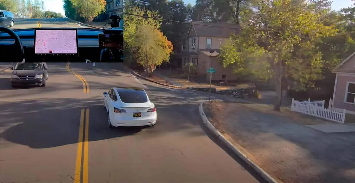 Foto captada desde un dron de un Tesla Model 3 con el nuevo Autopilot en funcionamiento