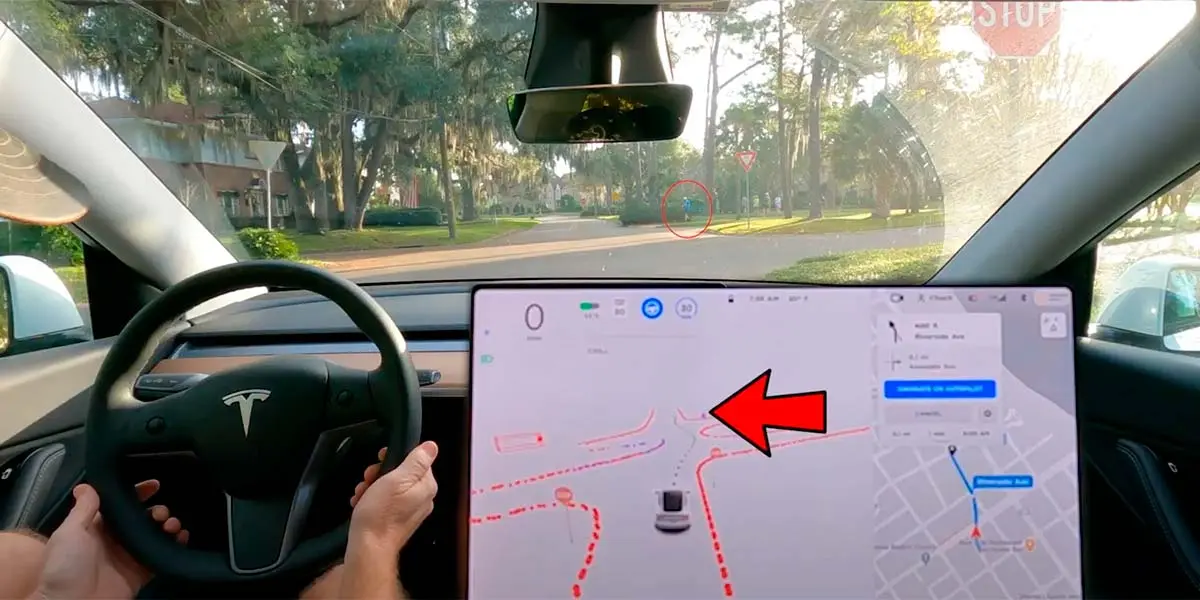 Foto de como el Full Self Driving de Tesla es capaz de detectar a un peat&oacute;n