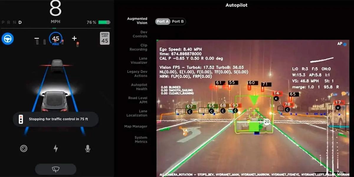 Foto de la visi&oacute;n aumentada activada del Autopilot de Tesla