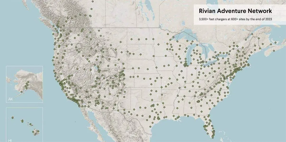 Mapa de las estaciones de carga de Rivian en Estados Unidos