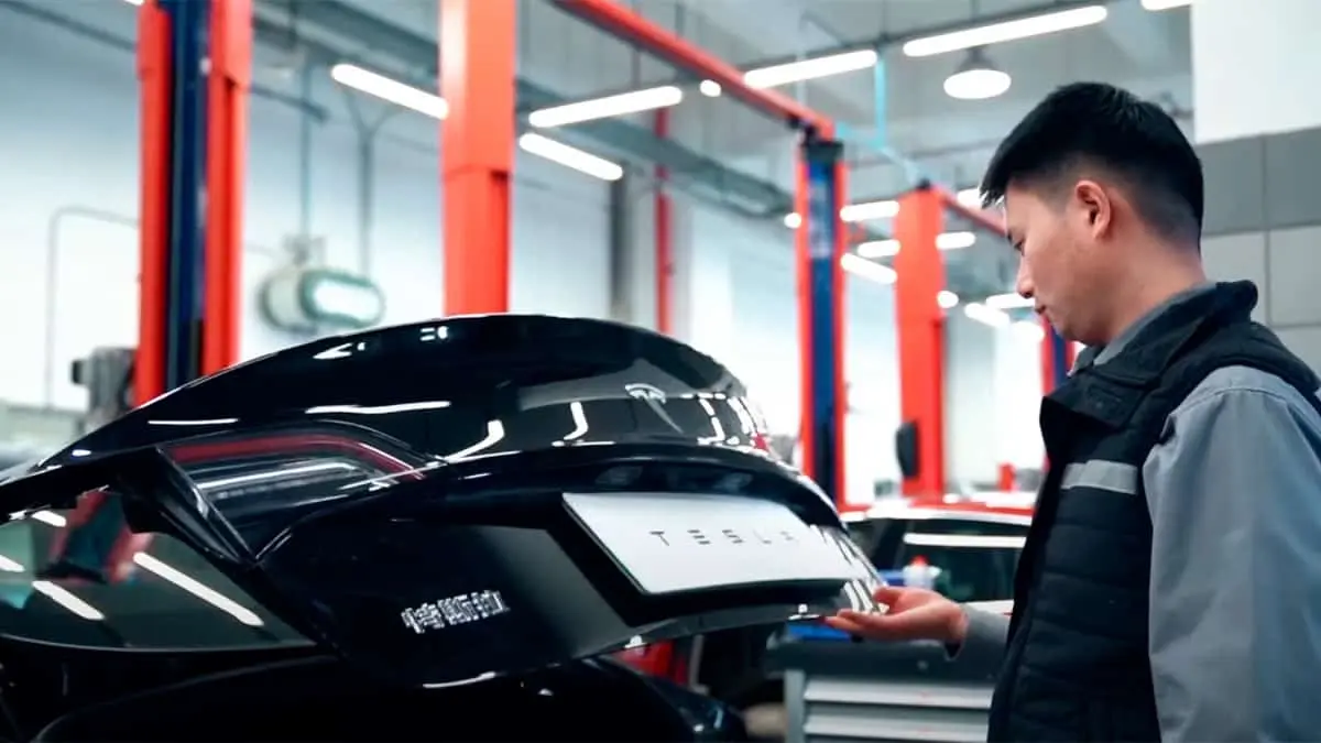 Foto de la instalaci&oacute;n del maletero el&eacute;ctrico en un Tesla Model 3.
