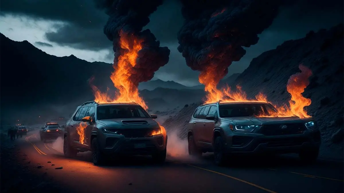 Imagen generada por IA de dos coches ardiendo en llamas