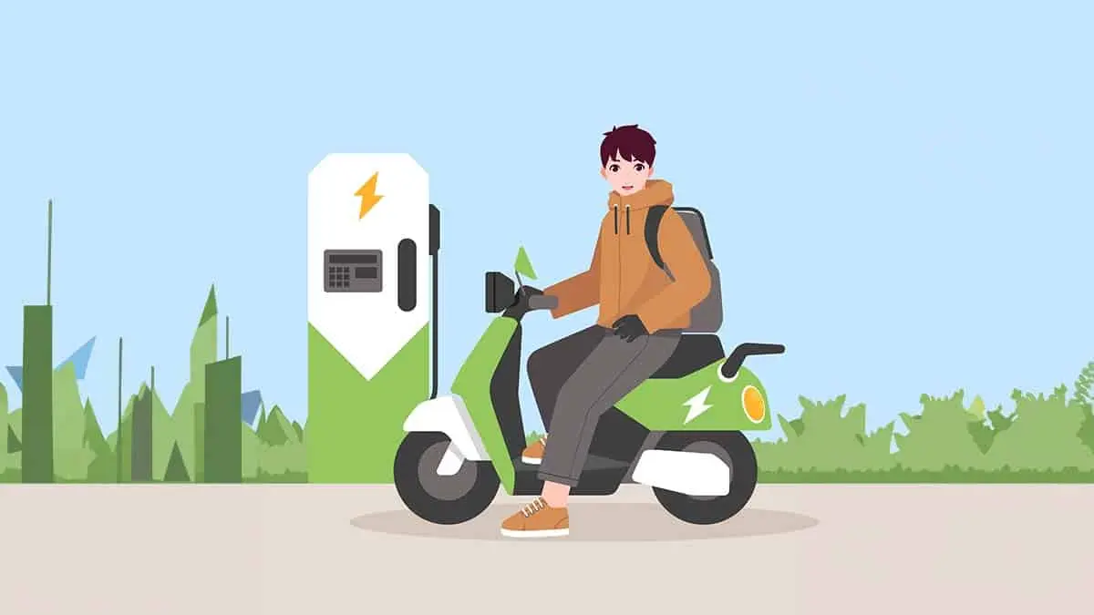 Ilustraci&oacute;n de una moto el&eacute;ctrica y un punto de recarga