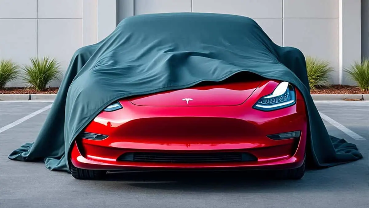 Tesla Model 3 tapado por una lona