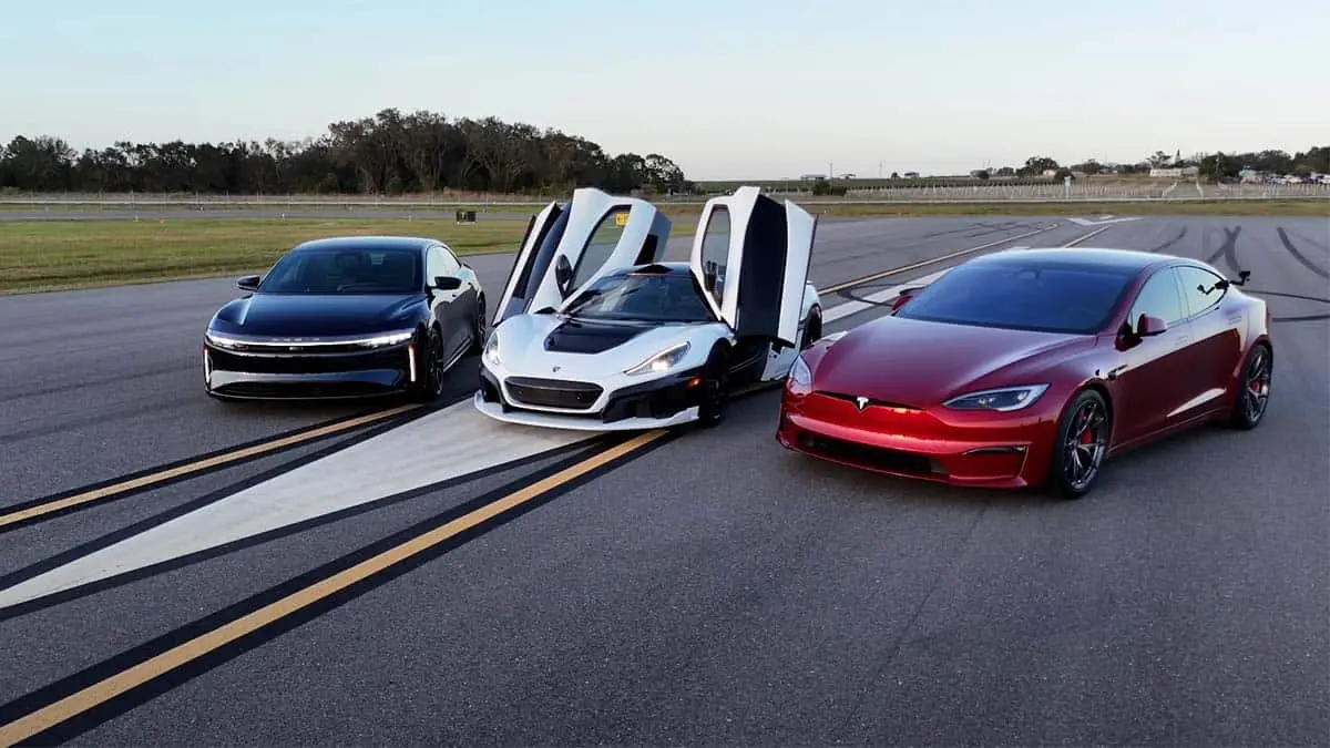 carrera Tesla Model S Plaid, Rimac Nevera y Lucid Air Sapphire