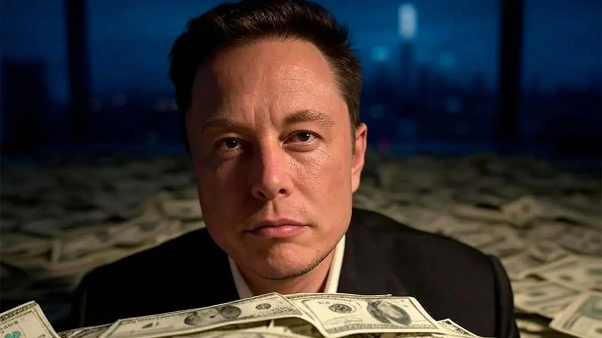 Elon Musk rodeado de billetes de d&oacute;lares