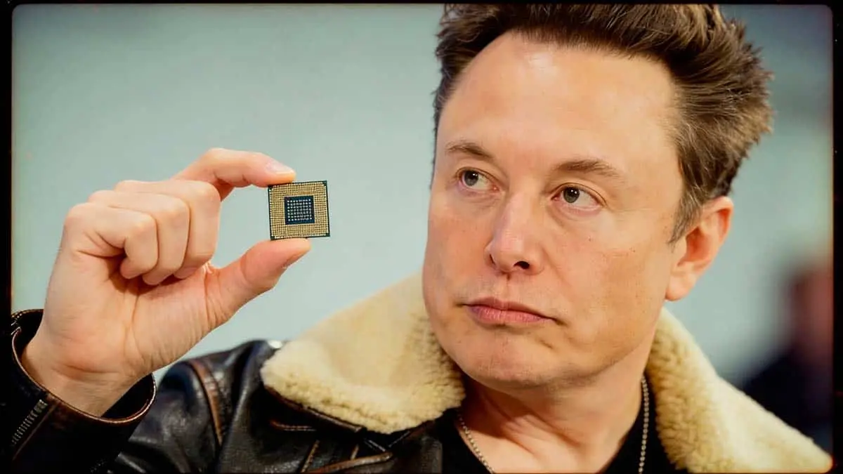 Elon Musk sujetando el nuevo chip de Tesla