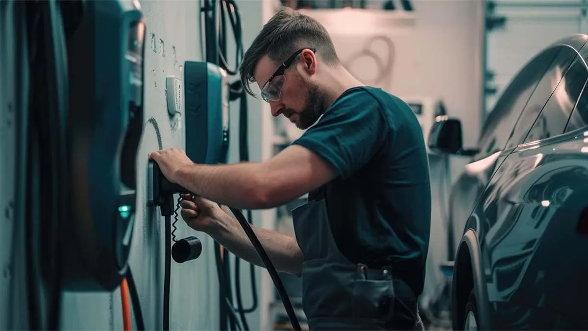 Taller mec&aacute;nico con un coche el&eacute;ctrico cargando