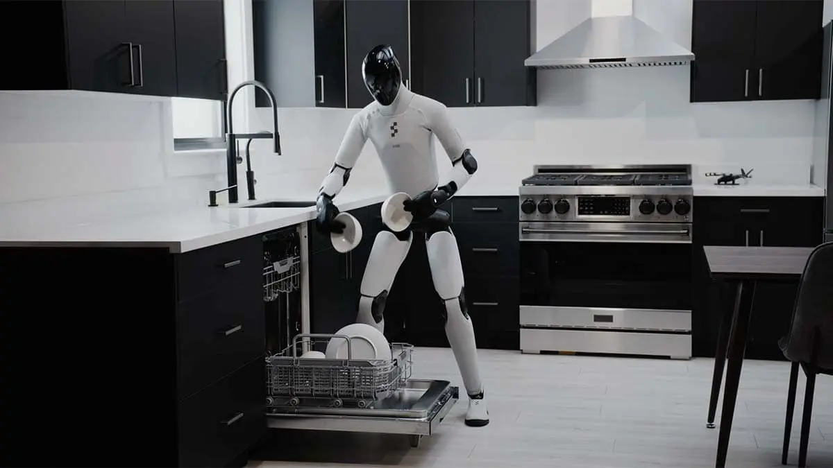 Robot dom&eacute;stico ayudando en tareas del hogar en una cocina moderna y funcional.