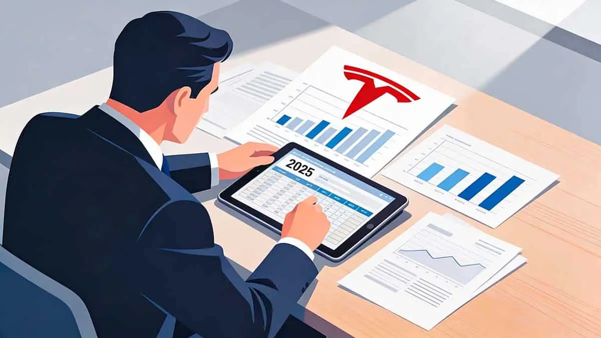 Profesional revisando informes y gr&aacute;ficos sobre el crecimiento del mercado de coches el&eacute;ctricos en 2025.