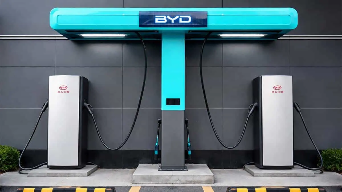 Pie de foto: Cargadores Megawatt Flash Charging de BYD para recarga r&aacute;pida de coches el&eacute;ctricos.