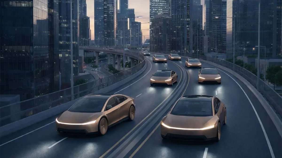 Coches el&eacute;ctricos innovadores en una ciudad moderna, destacando la revoluci&oacute;n en movilidad.