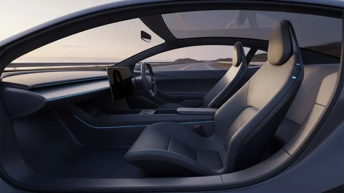 Detalle del interior del Tesla Roadster, enfoc&aacute;ndose en los asientos y el dise&ntilde;o avanzado del veh&iacute;culo el&eacute;ctrico.