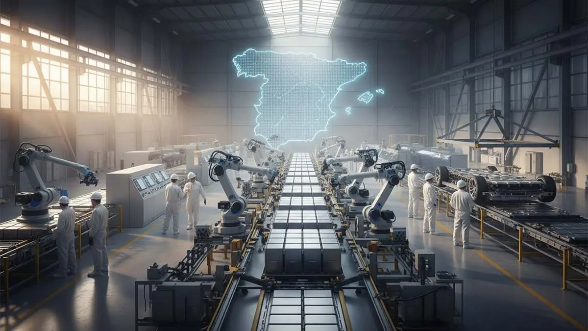 Imagen de una planta de fabricaci&oacute;n de bater&iacute;as para veh&iacute;culos el&eacute;ctricos en Espa&ntilde;a, con robots y tecnolog&iacute;a moderna.