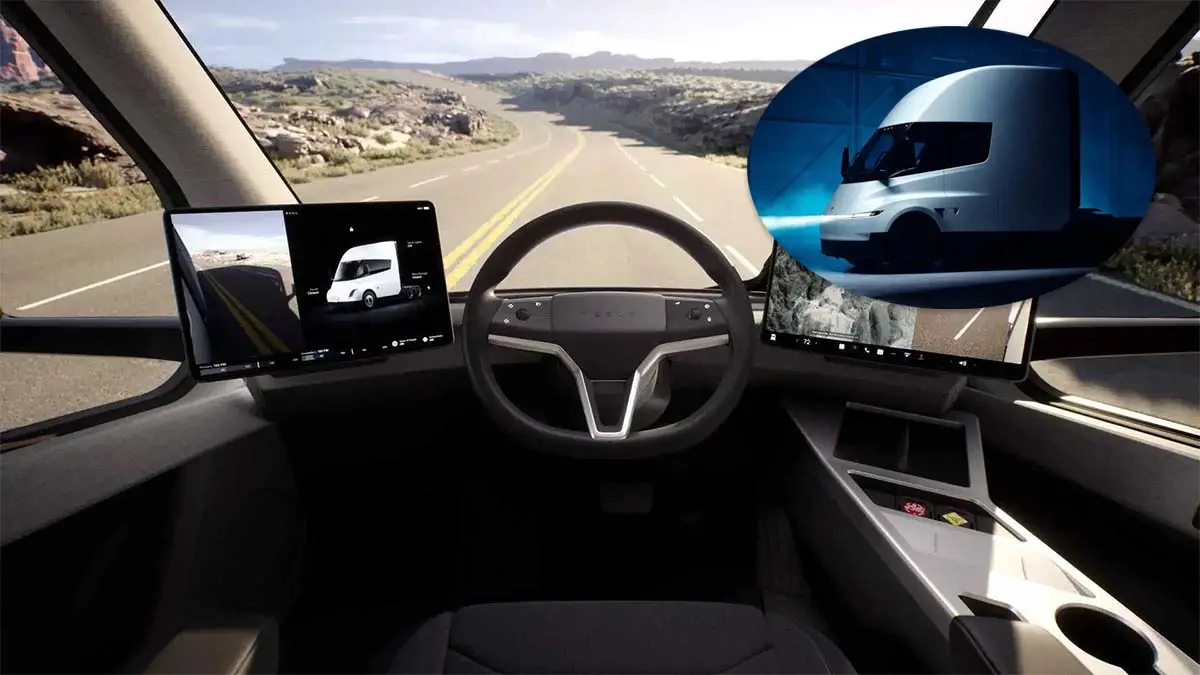 El interior del Tesla Semi revela un dise&ntilde;o futurista con pantallas digitales y controles innovadores.