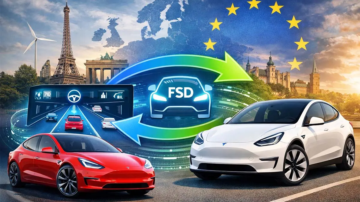 Coche el&eacute;ctrico Tesla con sistema FSD en proceso de transferencia en Europa.
