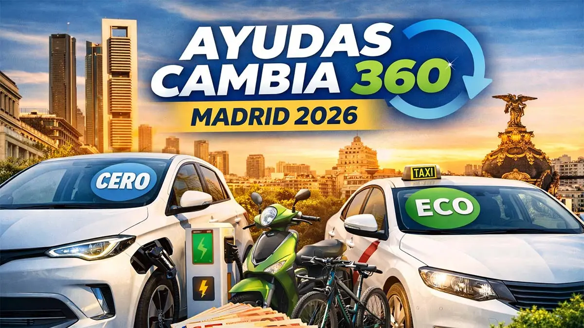 Imagen de coches el&eacute;ctricos y motocicleta en Madrid, promoviendo las ayudas Cambia 360 para movilidad sostenible en 2026.