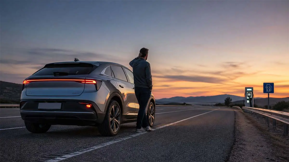 Coche el&eacute;ctrico en autov&iacute;a con la bater&iacute;a al 0%