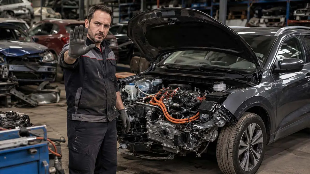 Mec&aacute;nico avisando de no tocar un coche el&eacute;ctrico averiado