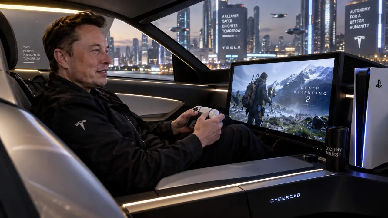 Elon Musk jugando a la PlayStation 5 dentro de la Cybercab