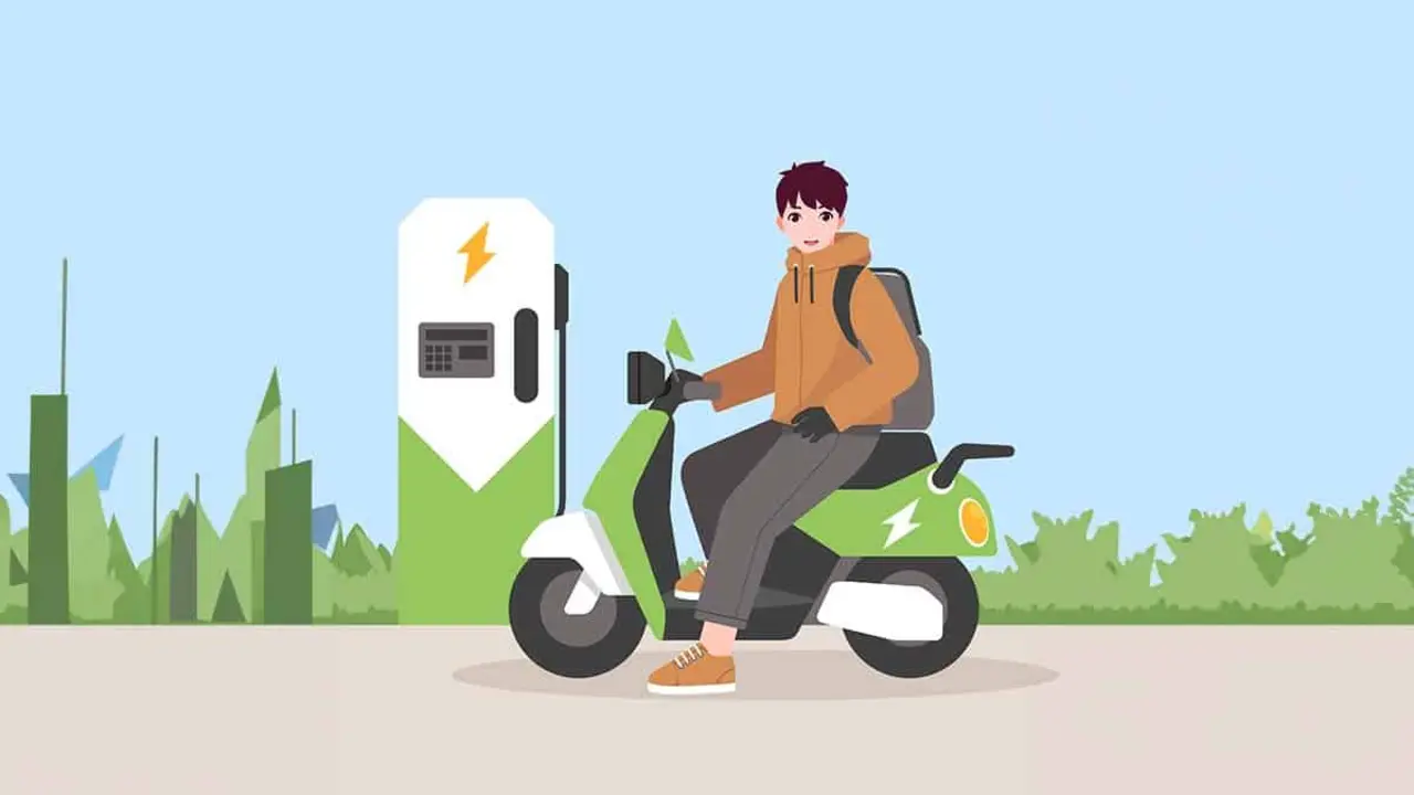 Ilustraci&oacute;n de una moto el&eacute;ctrica y un punto de recarga
