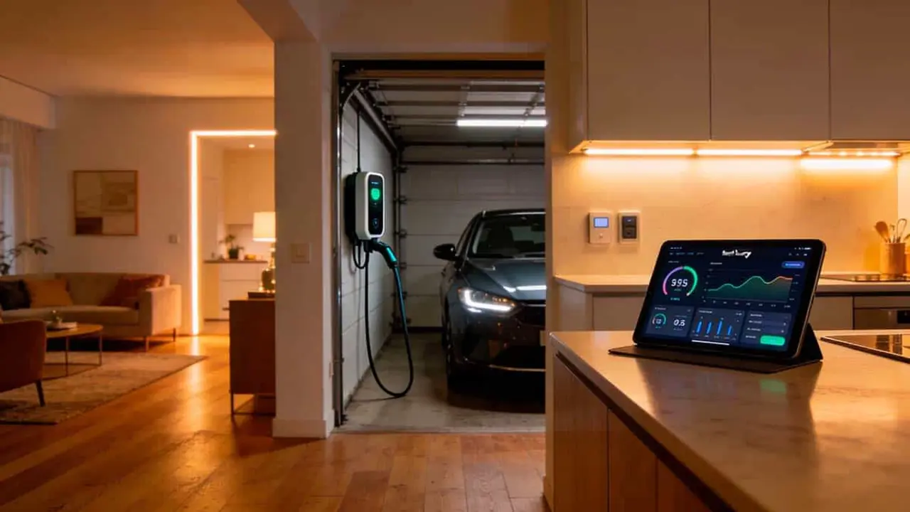 Estaci&oacute;n de carga para coche el&eacute;ctrico en un hogar con panel t&aacute;ctil.