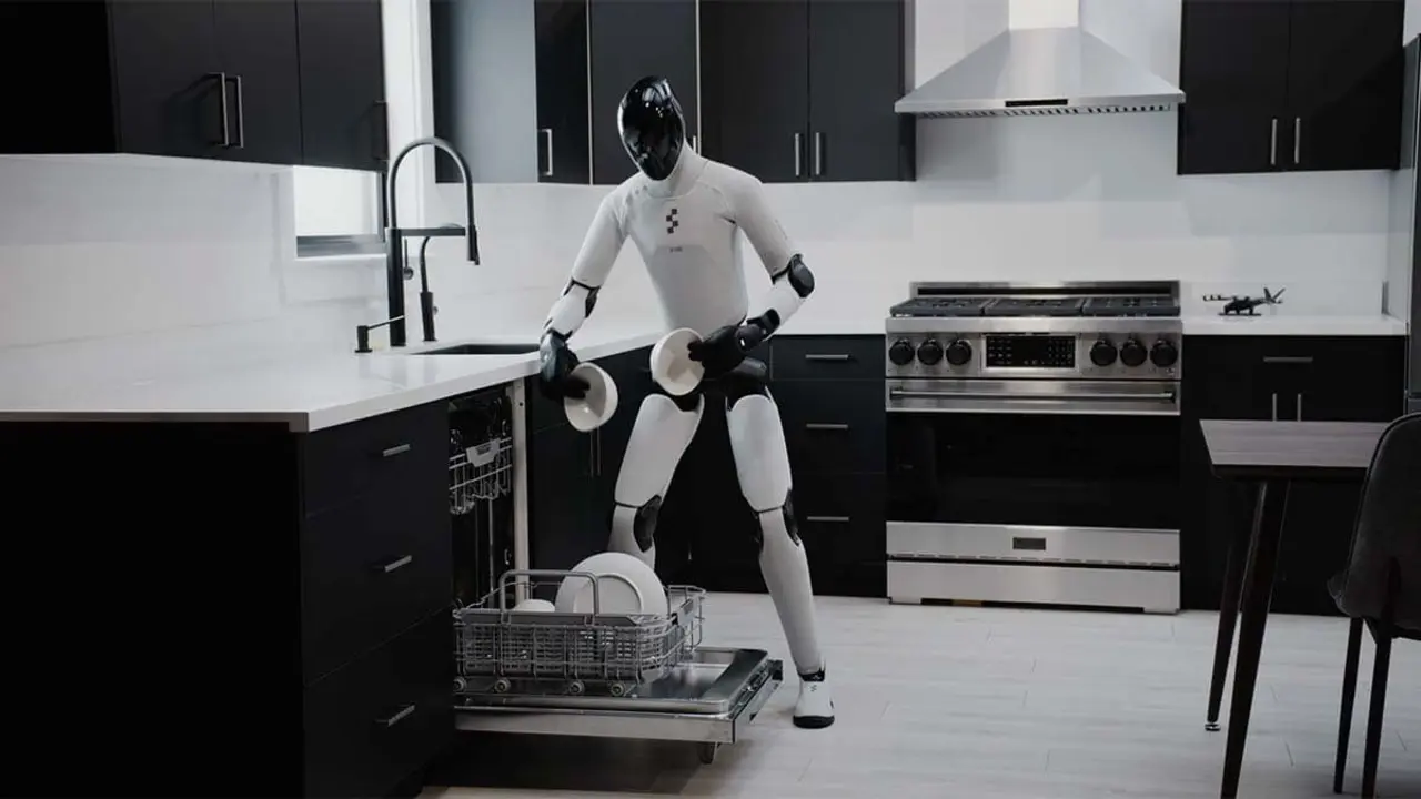 Robot dom&eacute;stico ayudando en tareas del hogar en una cocina moderna y funcional.