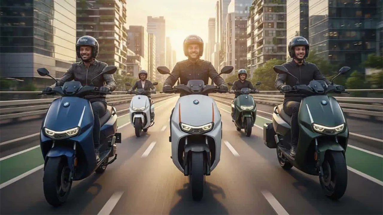 Grupo de motos el&eacute;ctricas en una ciudad moderna al atardecer, s&iacute;mbolo de movilidad sostenible y tecnolog&iacute;a limpia.