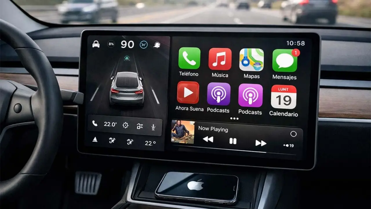 Imagen ficticia sobre Apple CarPlay integrado en un coche Tesla