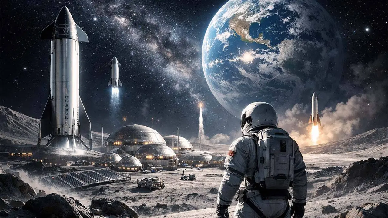 Recreaci&oacute;n de una ciudad en la Luna colonizada por SpaceX
