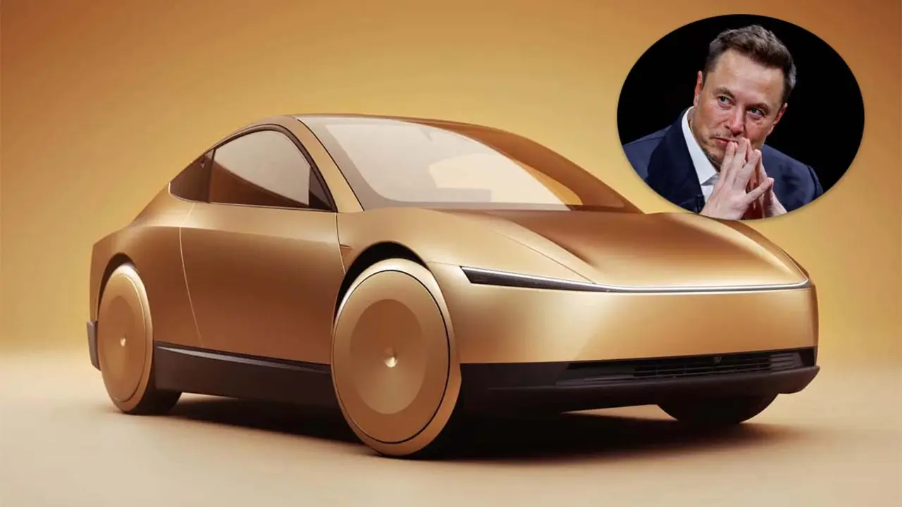 Tesla Cybercab con Elon Musk de fondo