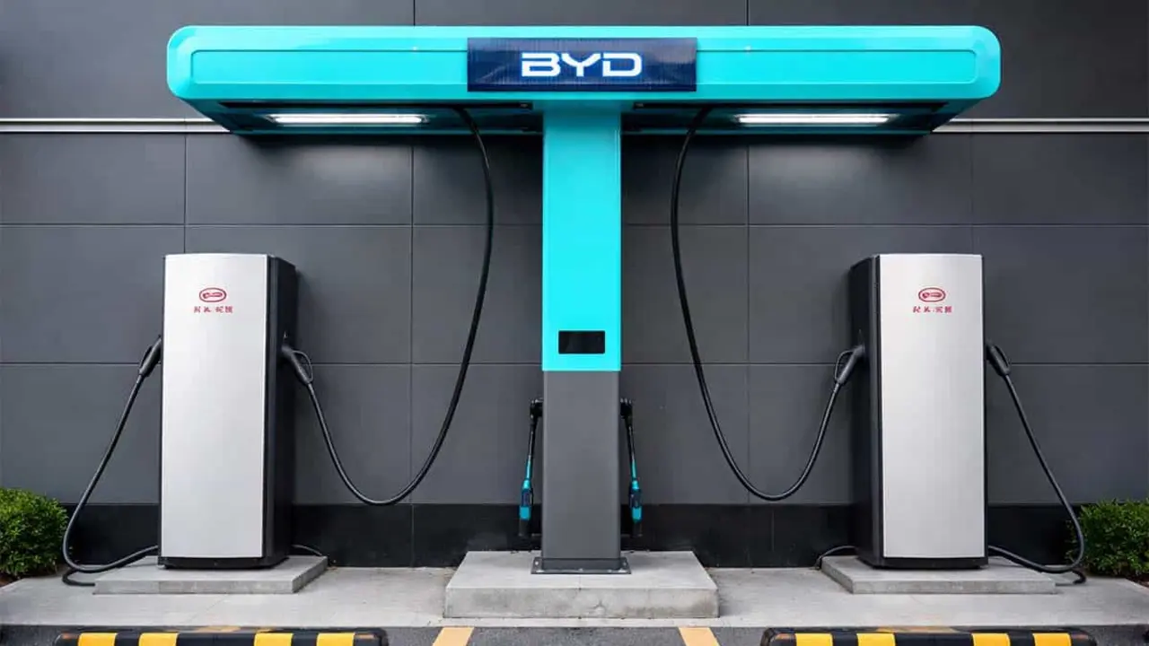 Pie de foto: Cargadores Megawatt Flash Charging de BYD para recarga r&aacute;pida de coches el&eacute;ctricos.
