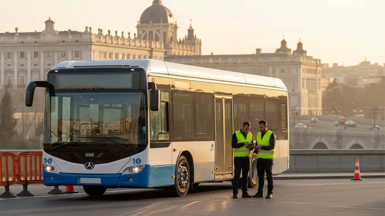 Imagen de un autob&uacute;s el&eacute;ctrico en Madrid, con dos t&eacute;cnicos revisando, en un contexto de incertidumbre en la adquisici&oacute;n de veh&iacute;culos el&eacute;ctricos para transporte p&uacute;blico.