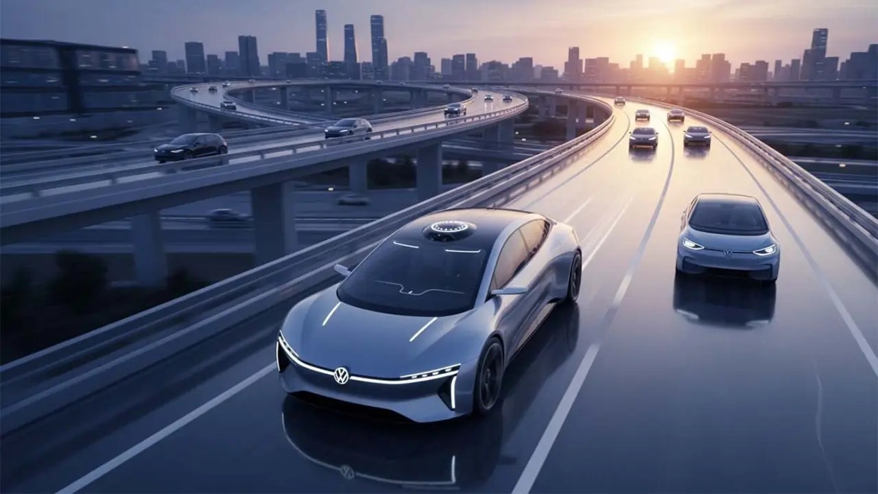 Imagen del veh&iacute;culo XPENG VLA 2.0 en una autopista urbana, mostrando innovaci&oacute;n en movilidad el&eacute;ctrica y conducci&oacute;n aut&oacute;noma junto a Volkswagen.