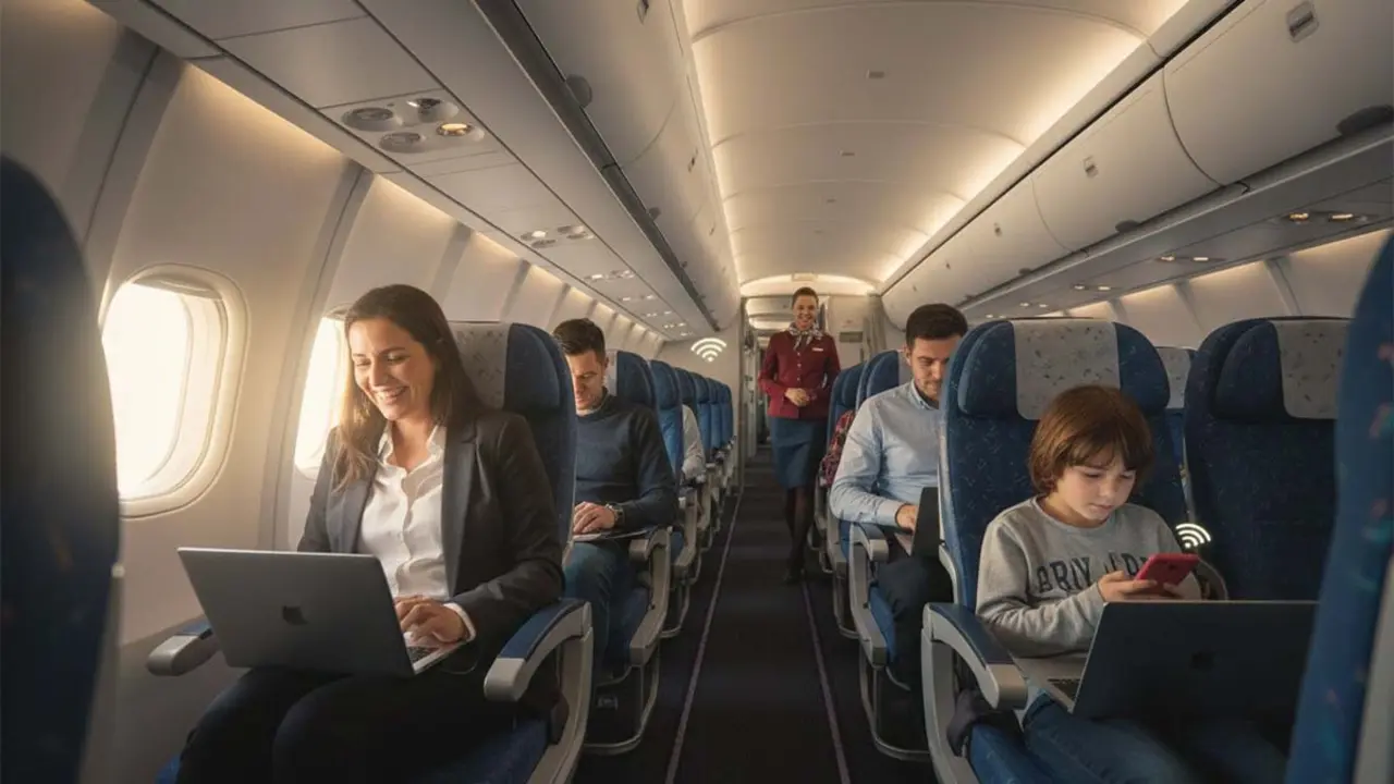 Pasajeros en un avi&oacute;n moderno trabajando y disfrutando del viaje con tecnolog&iacute;a.