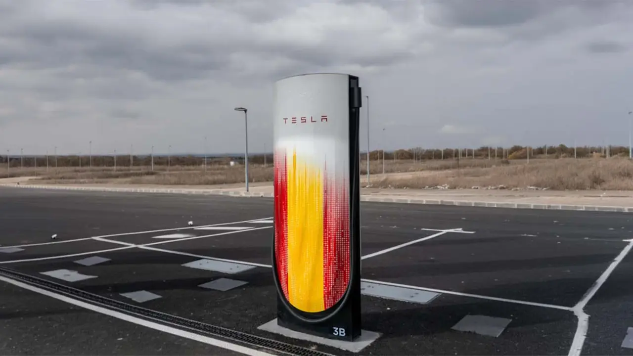Nuevo Supercharger Tesla en Espa&ntilde;a, s&iacute;mbolo del avance en movilidad el&eacute;ctrica y sostenibilidad.