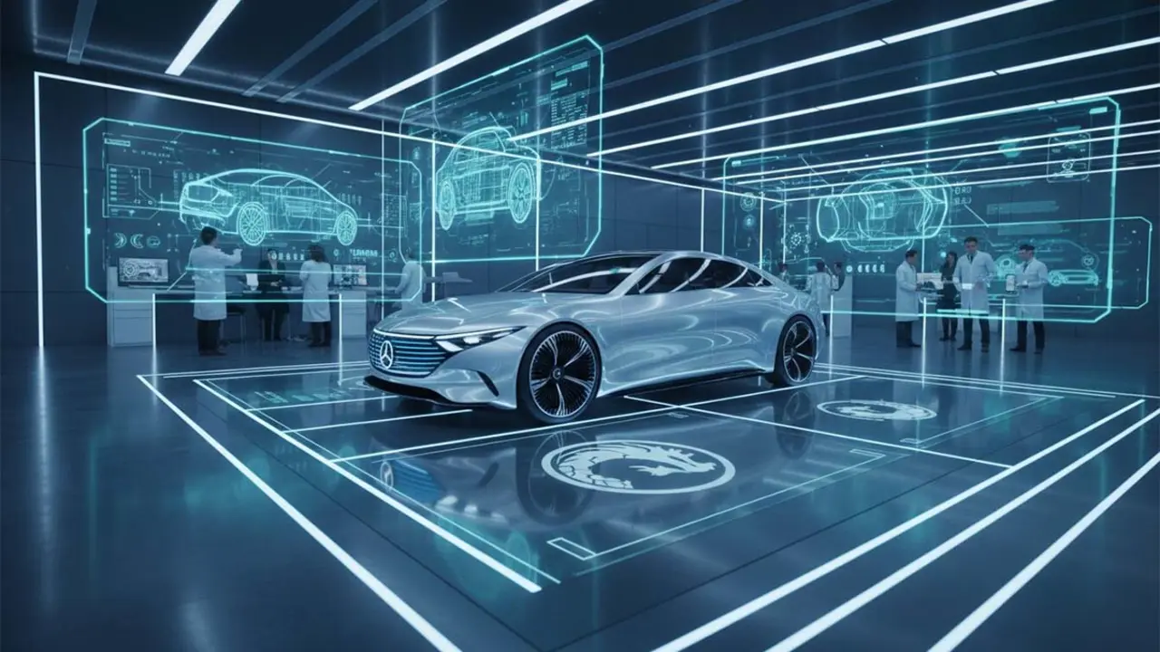 Coche el&eacute;ctrico de alta tecnolog&iacute;a en un espacio de exhibici&oacute;n digital con pantallas hologr&aacute;ficas.