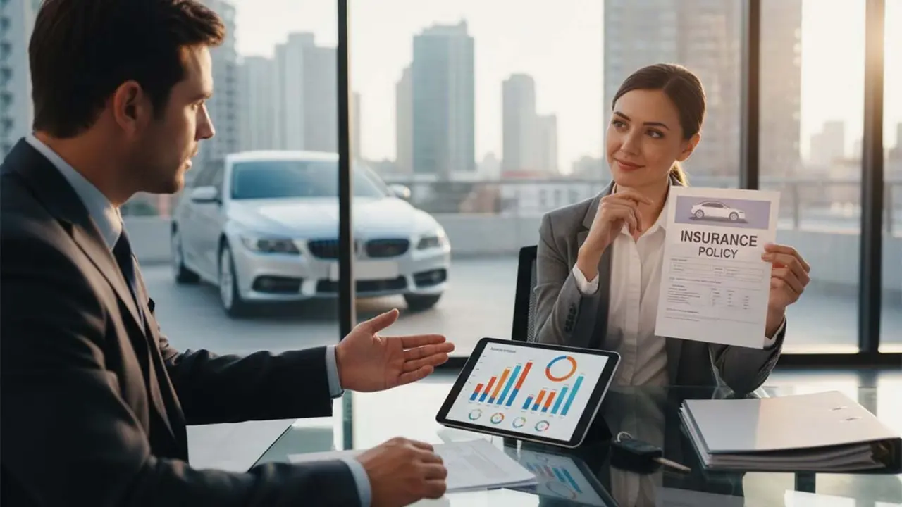 Asesor financiero discutiendo sobre deducciones de seguro de coche en la declaraci&oacute;n de la Renta.
