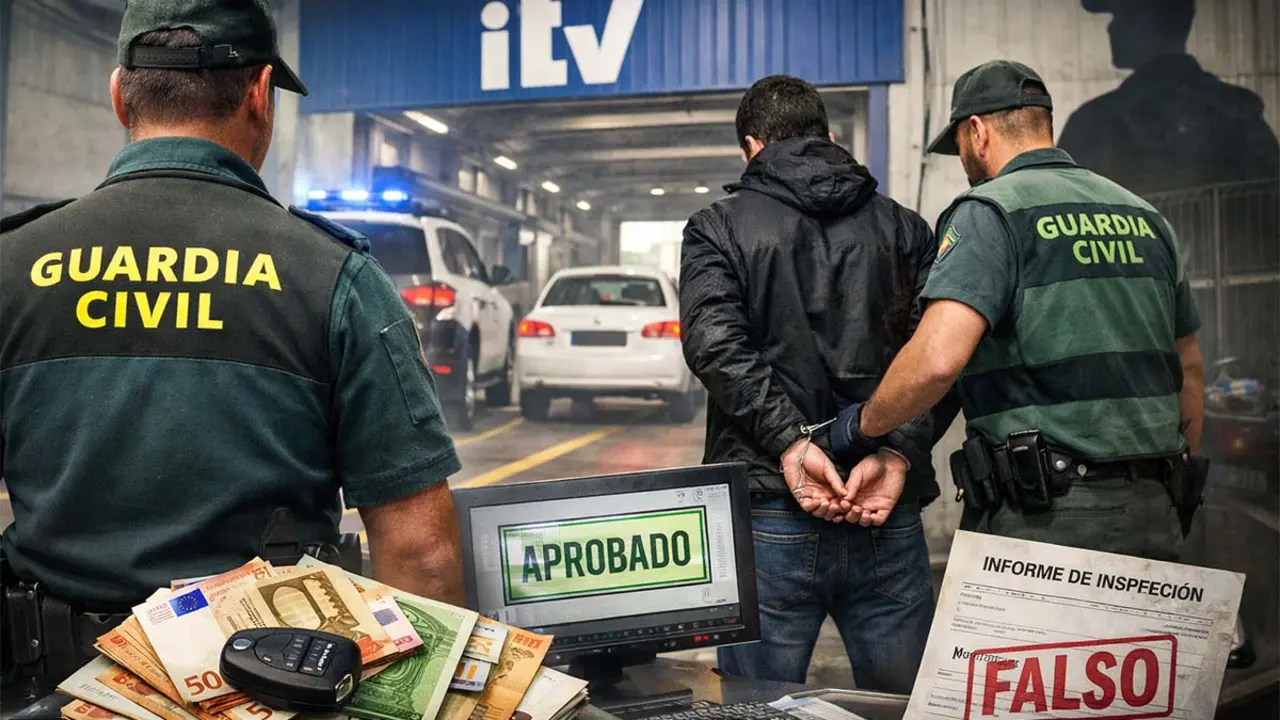 La imagen muestra a agentes de la Guardia Civil arrestando a un sospechoso en un taller de ITV, con evidencia y documentos relacionados.
