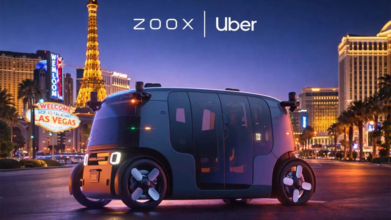 Robotaxi de Zoox en Las Vegas, preparado para su lanzamiento en verano, en un entorno urbano iluminado.