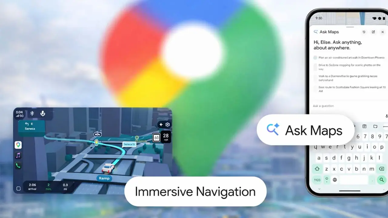 La imagen muestra las nuevas funciones de Google Maps para 2026, incluyendo navegaci&oacute;n inmersiva y b&uacute;squeda por voz, en un dispositivo m&oacute;vil.