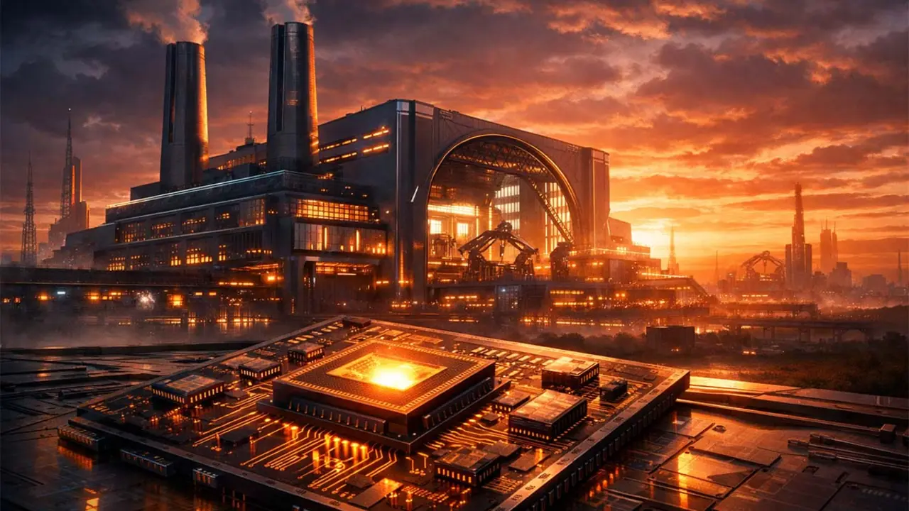 Imagen de una planta de fabricaci&oacute;n de chips de IA en un entorno futurista y tecnol&oacute;gico al atardecer, relacionada con innovaci&oacute;n en tecnolog&iacute;a.