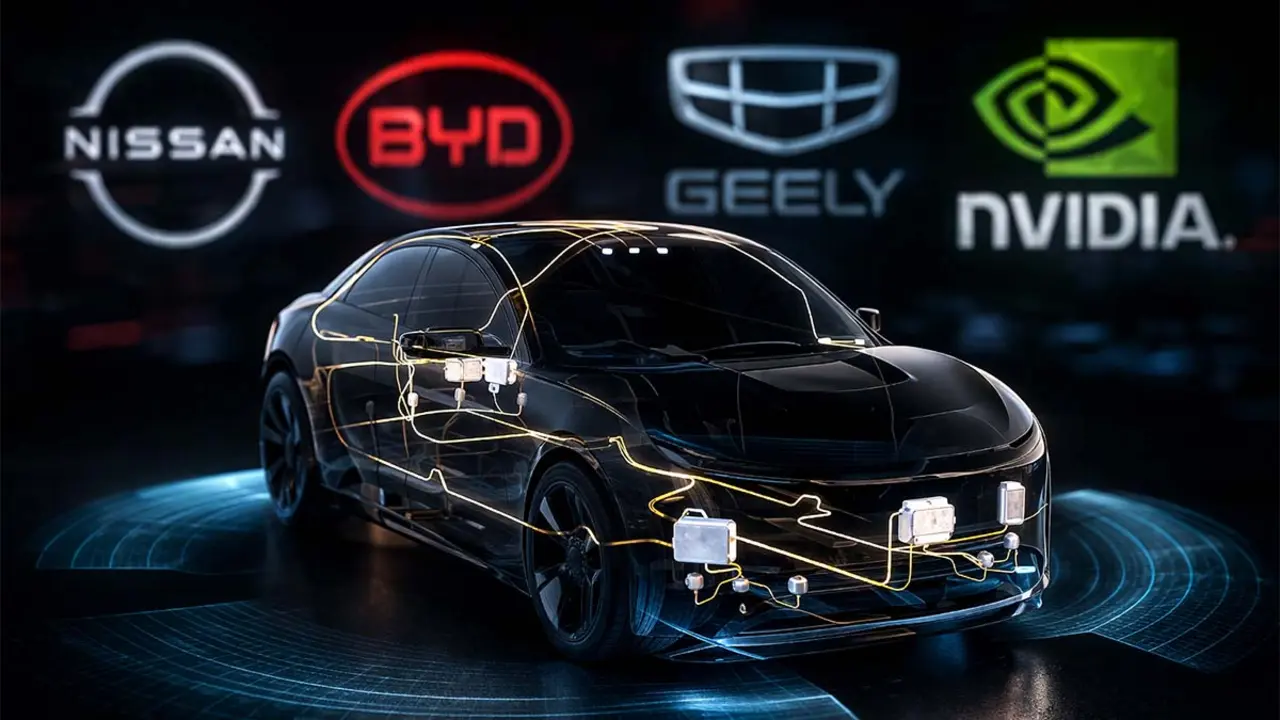 Imagen de un veh&iacute;culo el&eacute;ctrico con tecnolog&iacute;a Nvidia DRIVE Hyperion, destacando la innovaci&oacute;n en movilidad aut&oacute;noma.