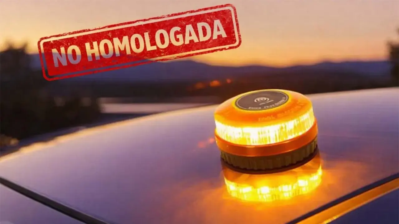 L&aacute;mpara de advertencia V16 no homologada en veh&iacute;culo, importante para la seguridad en la carretera.