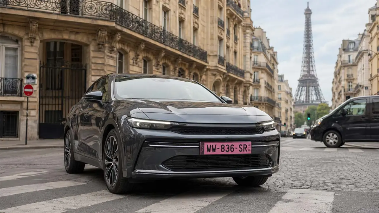 matr&iacute;cula rosa con letras en negro en un coche en Francia