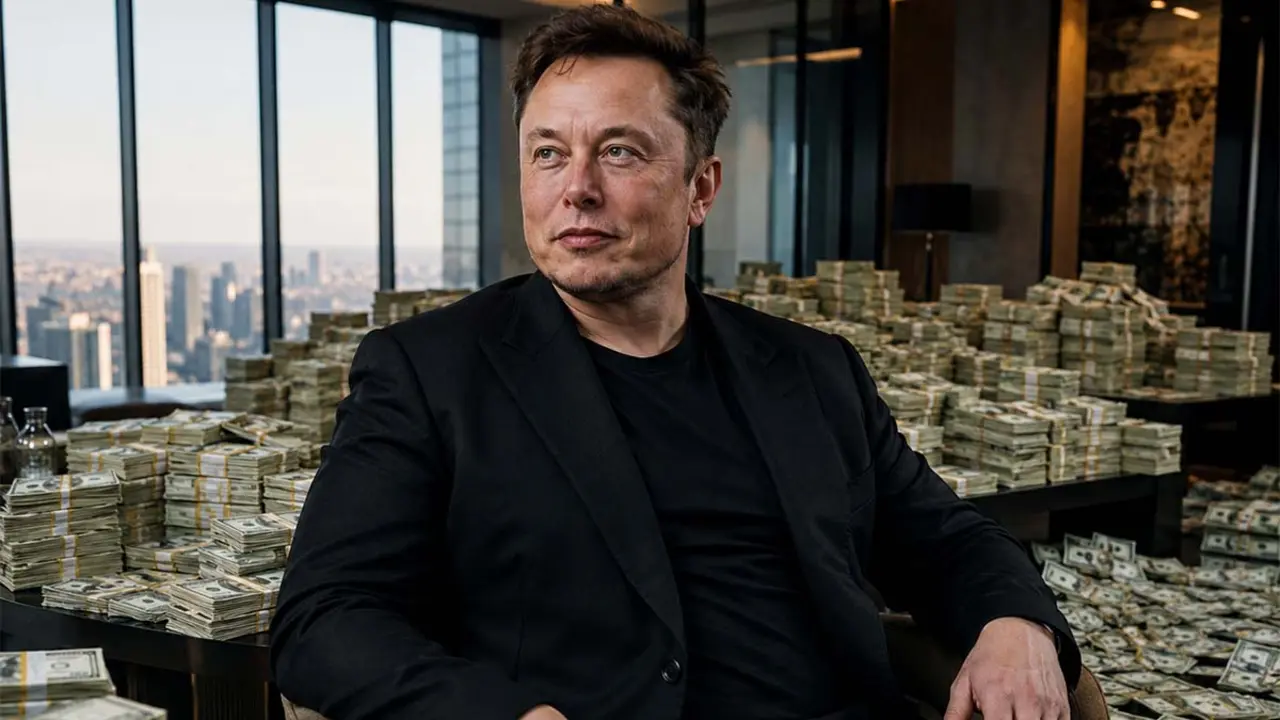 Elon Musk rodeado de dinero
