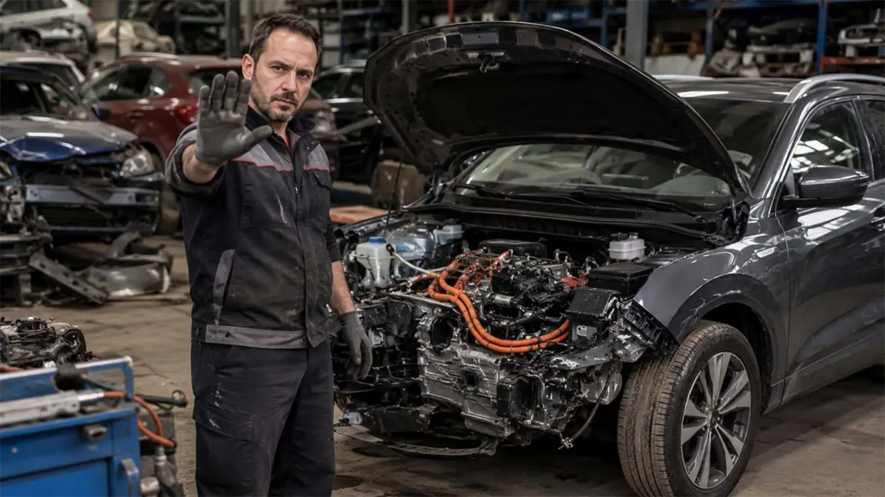 Mec&aacute;nico avisando de no tocar un coche el&eacute;ctrico averiado