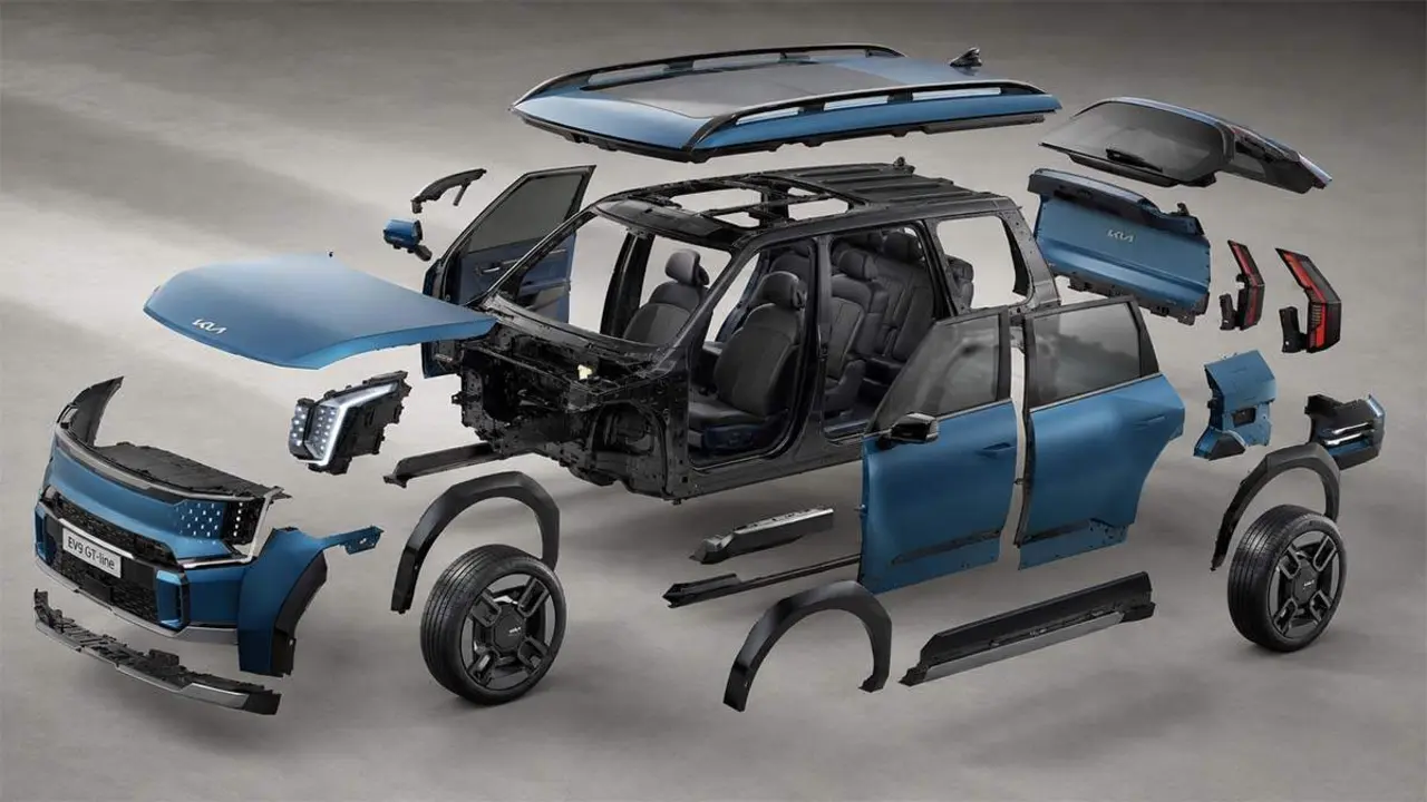 Representaci&oacute;n de un KIA EV9 separado por piezas